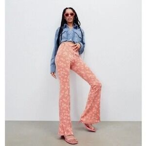 Zara Retro Floral Split Hem Wide Flare‎ Pants Orange XS High Rise Boho Daisy 70s
